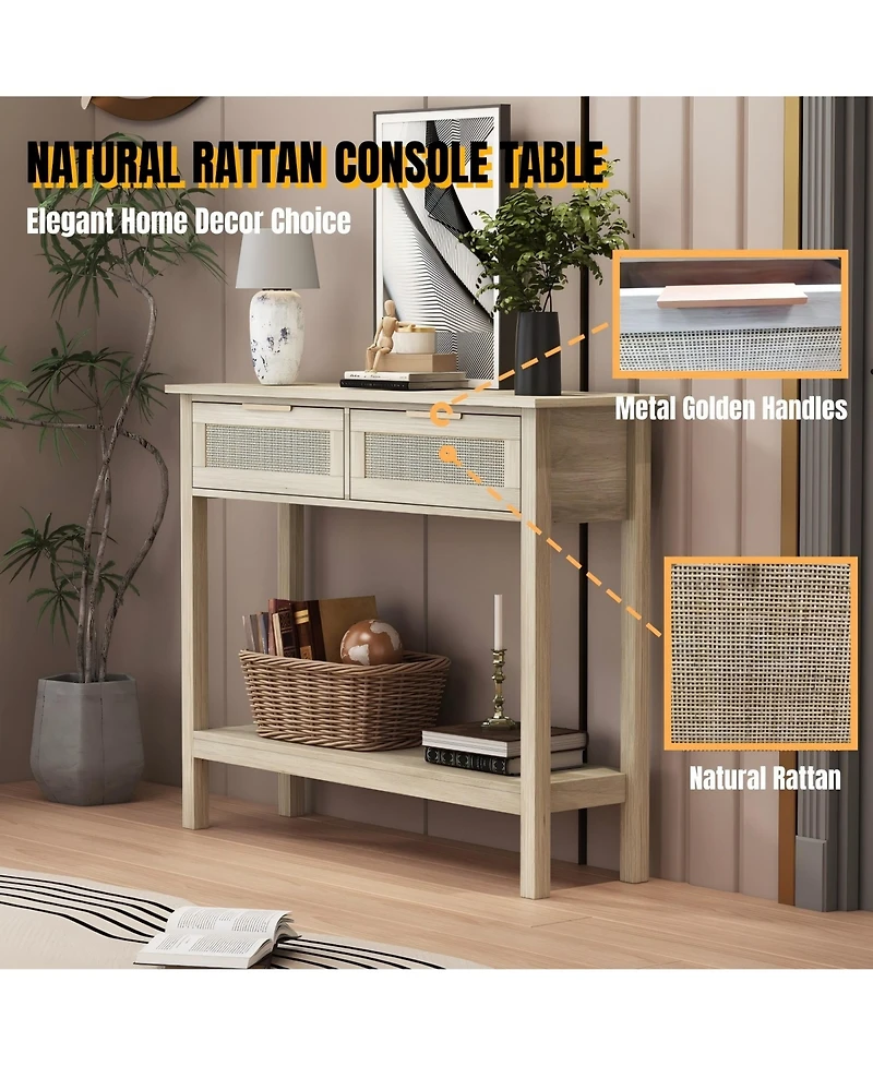 Boho Style Console Table with 2 Rattan Drawer and Bottom Storage Shelf for Entryway, Minimalist Side Table with Rattan Storage Drawer and Shelf for Li