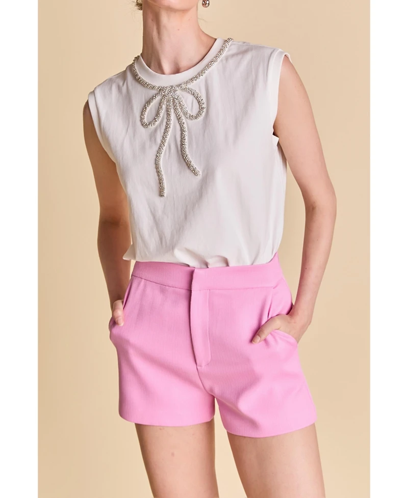 English Factory Women's Rhinestone Bow Sleeveless Top