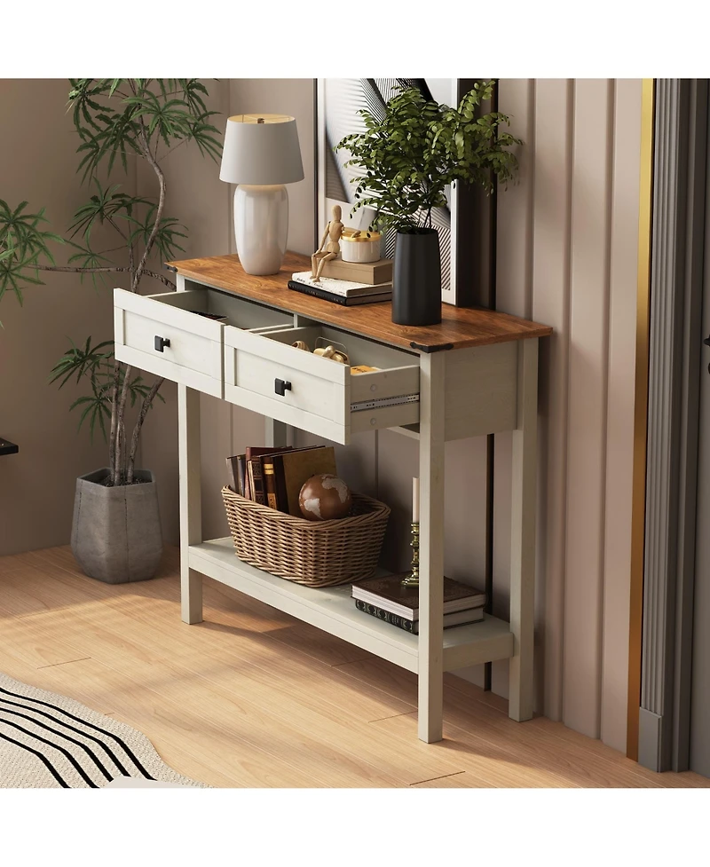 Farmhouse Style Console Table with 2 Drawer and Bottom Storage Shelf for Entryway, Rustic Side Table with Storage Drawer and Shelf