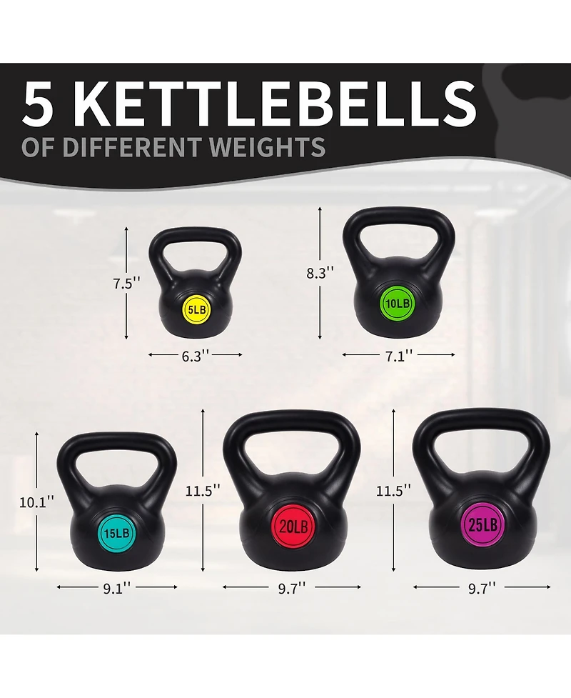 Sporzon! Wide Grip Kettle Bell Strength Training Weight Set, 5, 10, 15, 20, 25lb