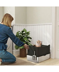 PawHut Stainless Steel Litter Box, Enclosed Litter Box with Scoop,