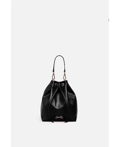 Madison Drawstring Leather Bucket Bag in Black