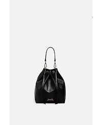 Madison Drawstring Leather Bucket Bag in Black
