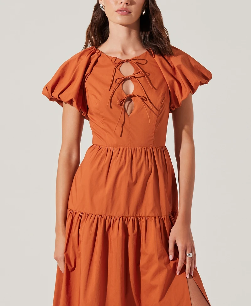 Astr the Label Women's Aine Bow-Tie Puff-Sleeve Cotton Midi Dress