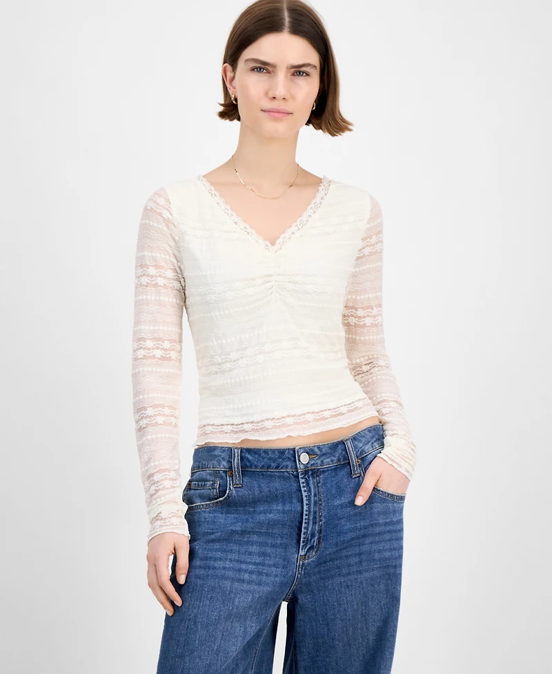 Celebrity Pink Juniors' Long-Sleeve Lace V-Neck Top