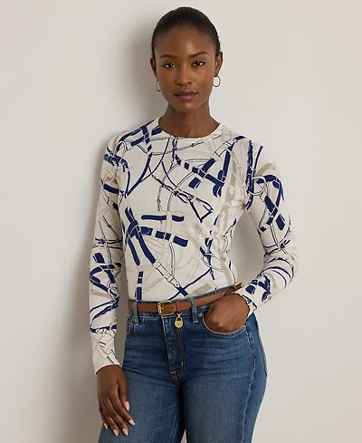 Lauren Ralph Petite Belting-Print Cotton-Blend Sweater