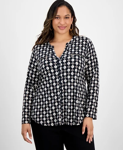 Jm Collection Plus Printed V-Neck Long-Sleeve Top
