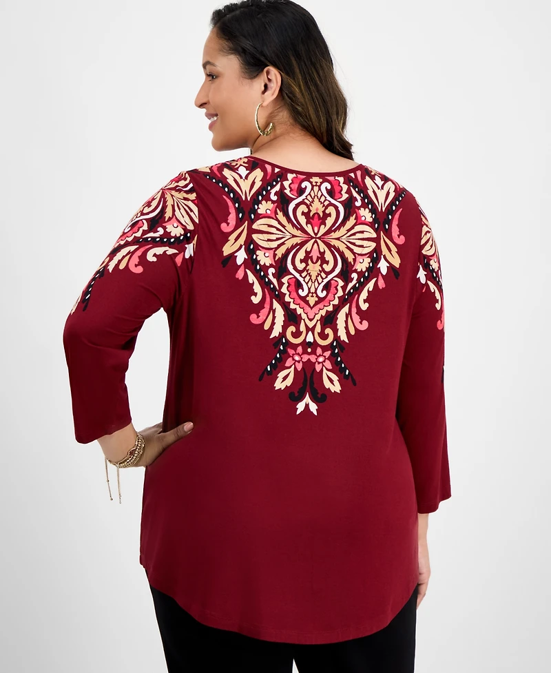 Jm Collection Plus Printed Scoop-Neck 3/4-Sleeve Top, Exclusively at Macy's