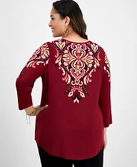 Jm Collection Plus Printed Scoop-Neck 3/4-Sleeve Top, Exclusively at Macy's
