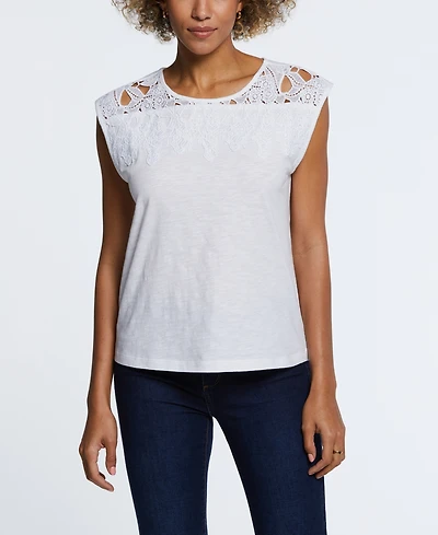 Ella Rafaella Petite Cotton Lace Yoke Top
