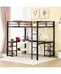 Full Metal Loft Bed with Desk and Shelves, Loft Bed with Ladder and Guardrails, Loft Bed Frame for Bedroom