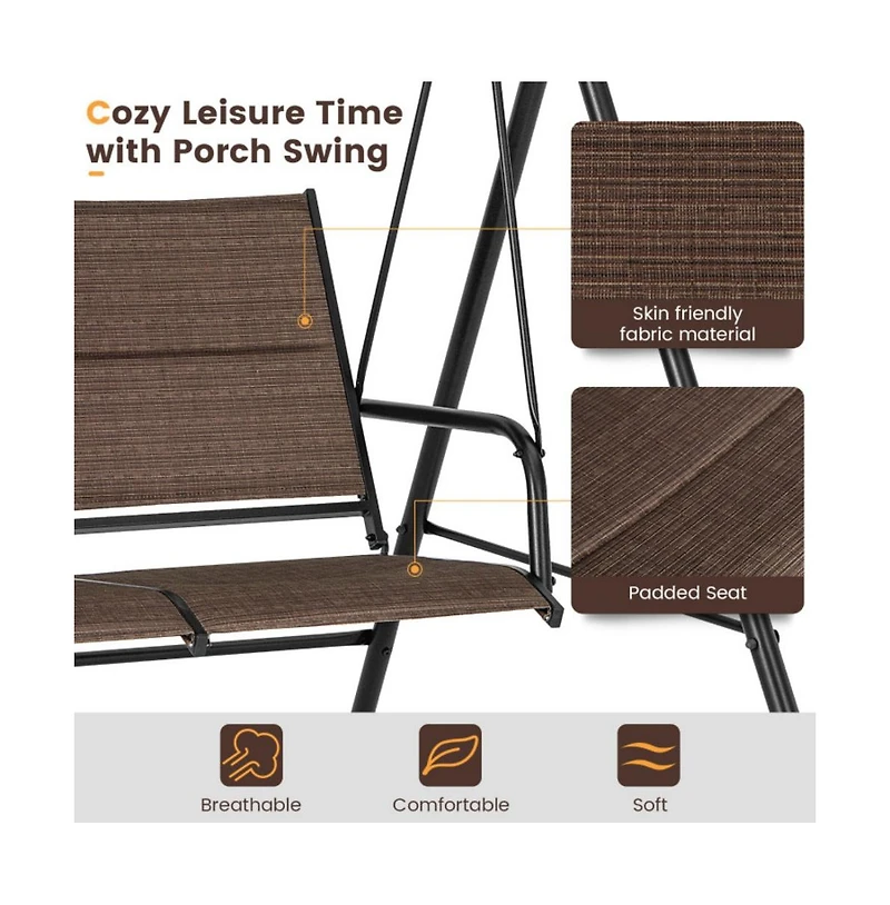 2 Person Porch Swing with Adjustable Canopy and Padded Seat