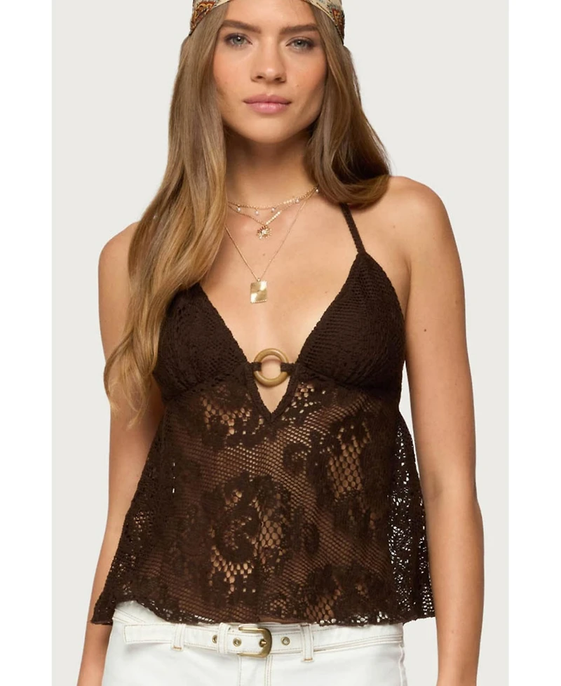 Edikted Women's Sheer Crochet Babydoll Halter Top