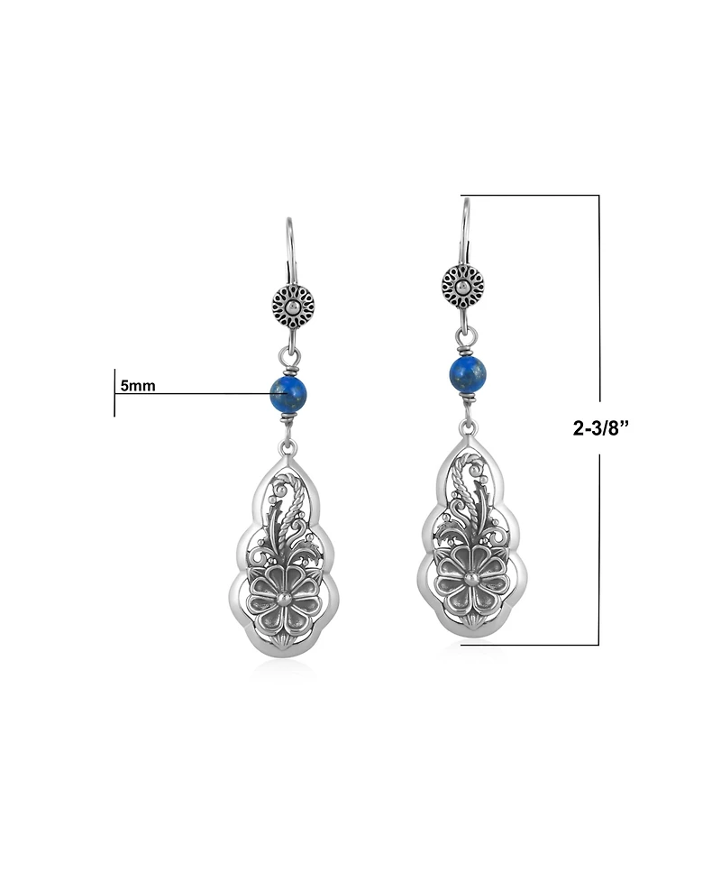 American West Jewelry Sterling Silver Lapis Flower Gemstone Bead Lever Back Earrings