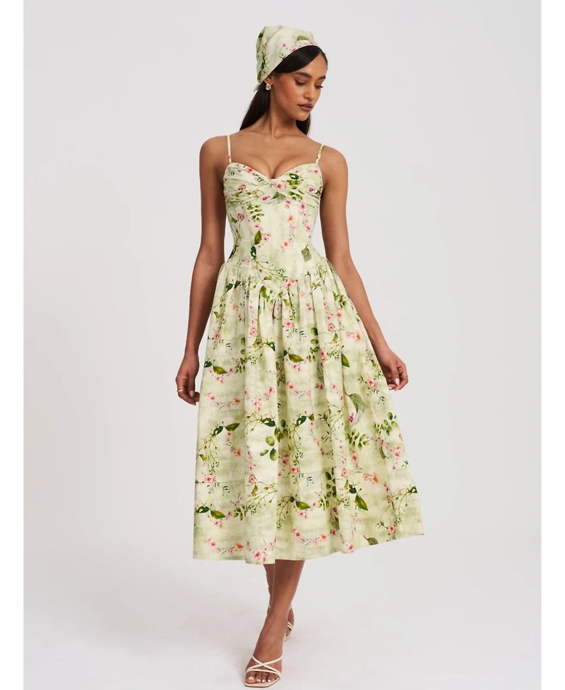 Miss Circle Women's Jacinda Green Floral Print Ruched Breast Linen Midi Dress