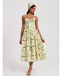 Miss Circle Women's Jacinda Green Floral Print Ruched Breast Linen Midi Dress