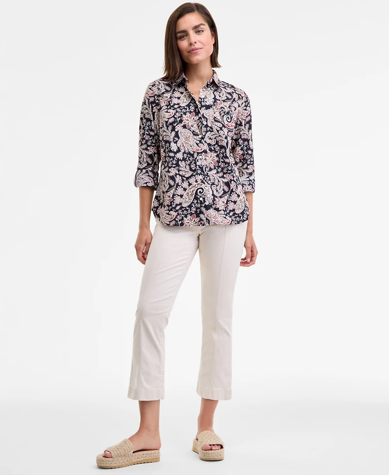 Nautica Jeans Women's Cotton Paisley-Print Roll-Tab Shirt