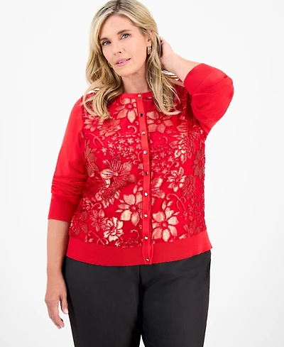 Jm Collection Plus Metallic Jacquard Button-Front Cardigan, Macy's Exclusive