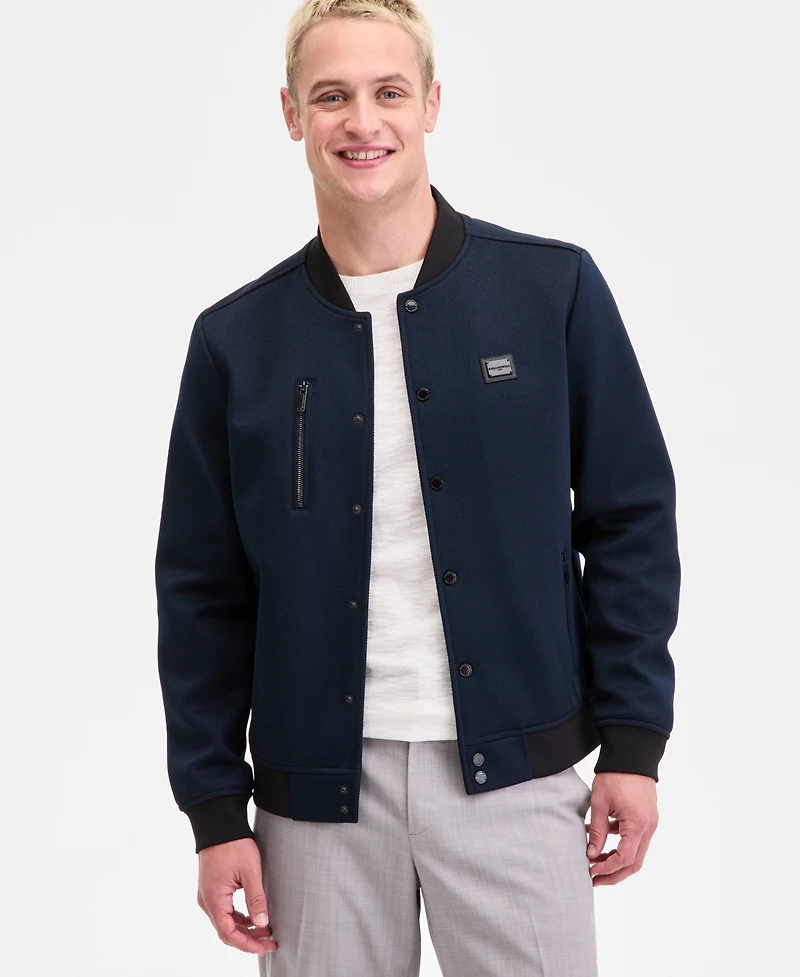 Karl Lagerfeld Men's Textured Varsity Zip Bomber Jacket