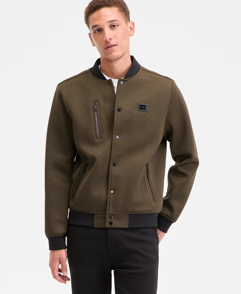 Karl Lagerfeld Men's Textured Varsity Zip Bomber Jacket