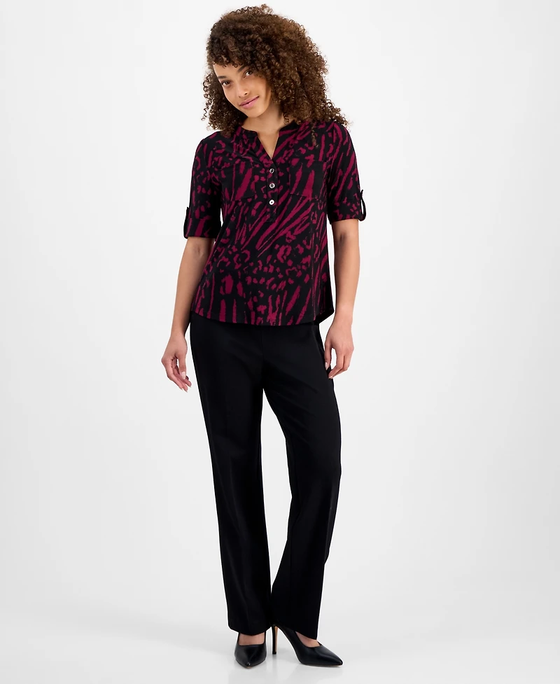 Ak Anne Klein Petite Printed Rolled-Sleeve Button-Front Top