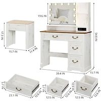 Vlsrka Vanity desk for bedroom with lights, drawers, shelves, stool, and mirror.