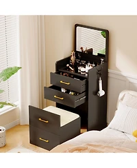Vlsrka 3-in-1 Vanity Desk with Flip-Top Mirror, Glass Top, 3 Drawers, and Stool