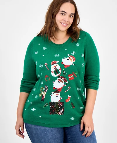 Holiday Lane Plus Santa Embellished Crewneck Sweater, Created for Macy's