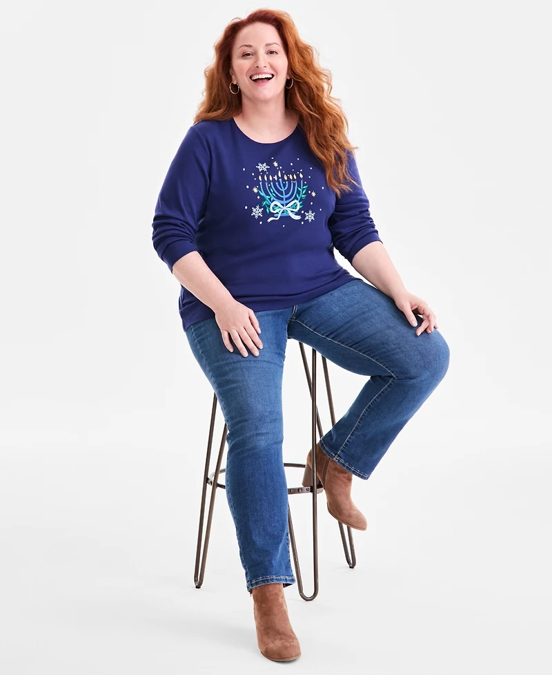 Holiday Lane Plus Size Menorah Long-Sleeve T-Shirt, Macy's Exclusive