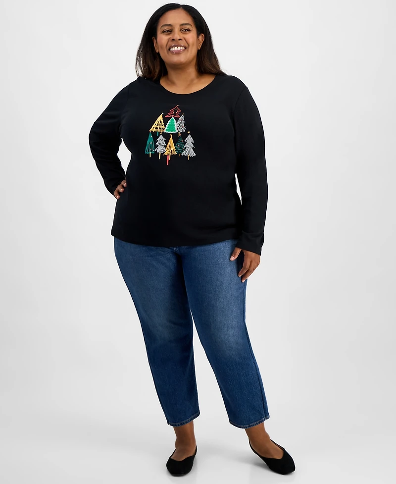 Holiday Lane Plus Festive Tree Long-Sleeve T-Shirt, Macy's Exclusive