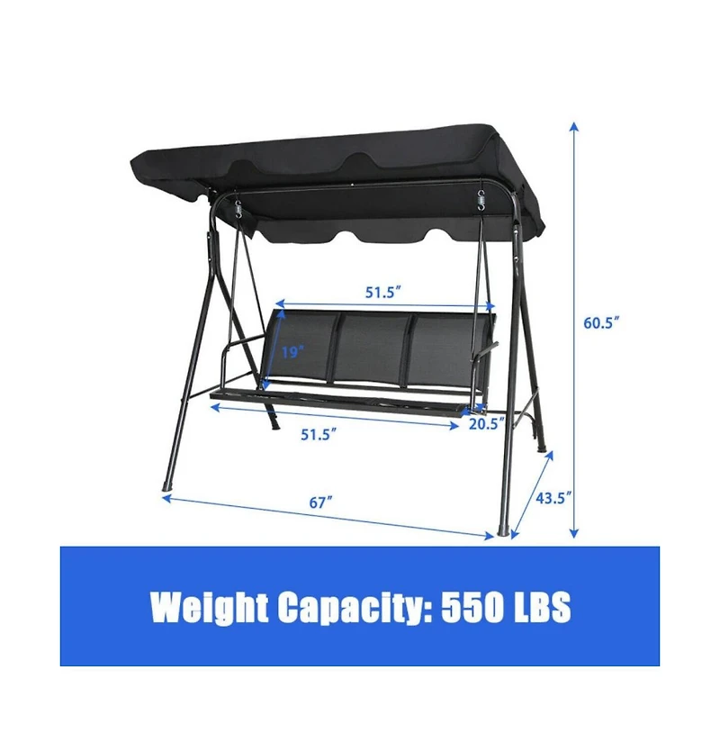 3 Person Steel Frame Patio Porch Swing with Polyester Angle and Adjustable Canopy