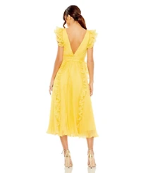 Mac Duggal Women's Pleated Chiffon V Neck Ruffle Midi Dress