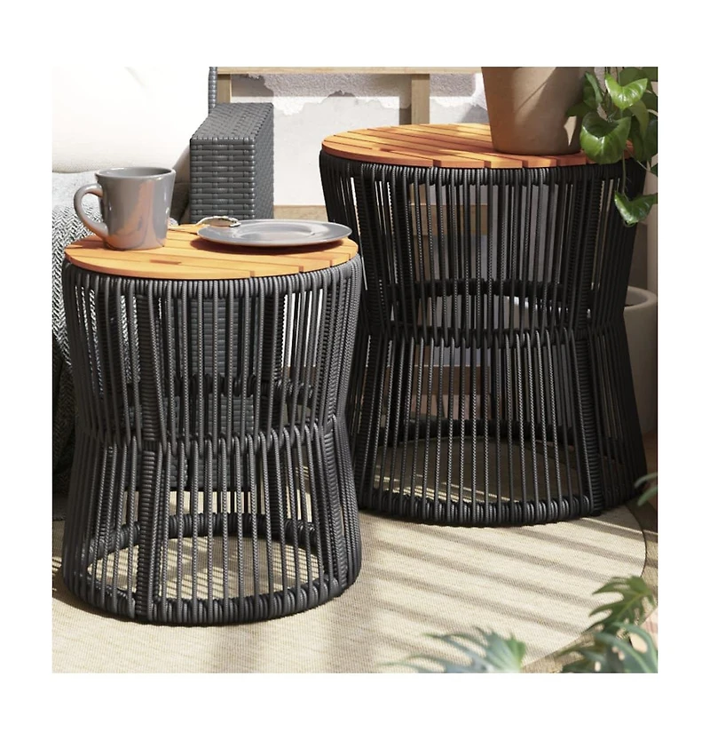vidaXL Patio Side Tables 2 pcs with Wooden Top Black Poly Rattan