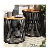 vidaXL Patio Side Tables 2 pcs with Wooden Top Black Poly Rattan
