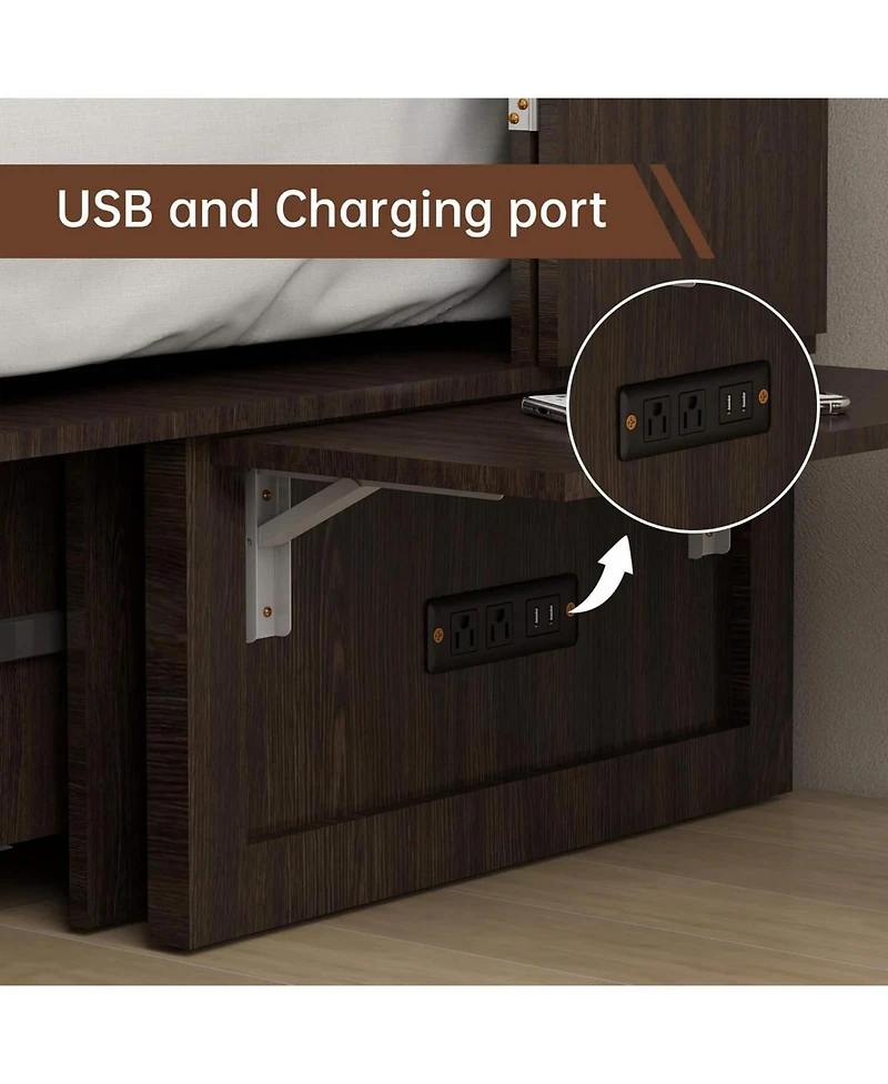 livelylodge Queen Murphy Bed Cabinet with Charging Station for Guest Room, Black Walnut Queen Hideaway Murphy Bed with Storage Drawer and Shelves