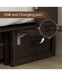 livelylodge Queen Murphy Bed Cabinet with Charging Station for Guest Room, Black Walnut Queen Hideaway Murphy Bed with Storage Drawer and Shelves
