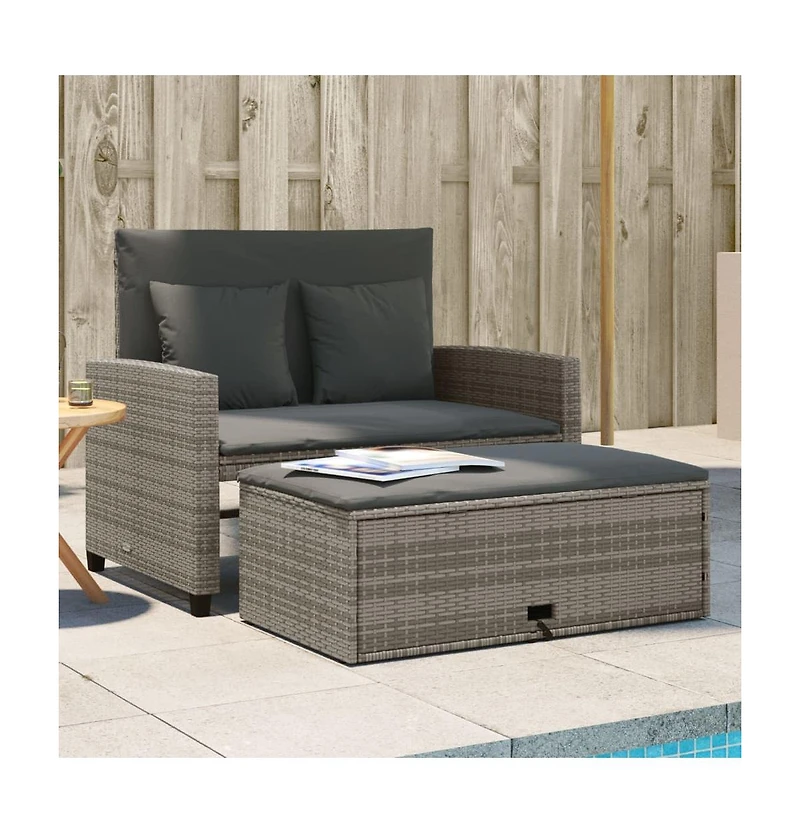 vidaXL Patio Sofa with Cushions 2-Seater Gray Poly Rattan