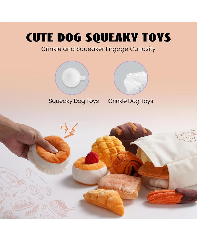 Nocciola 10 Pcs Bread Dog Toy Set with a Grocery Bag,Christmas gift, Crinkle Squeaky Plush Puppy Toys
