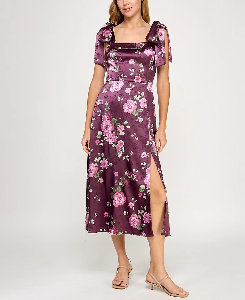 Row A Juniors' Satin Printed Fit & Flare Midi Dress