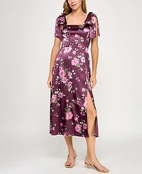 Row A Juniors' Satin Printed Fit & Flare Midi Dress