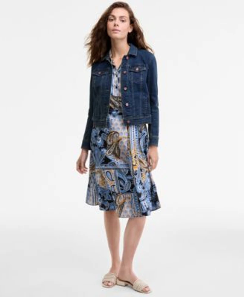 Jones New York Trucker Jacket Tie Waist Shirtdress