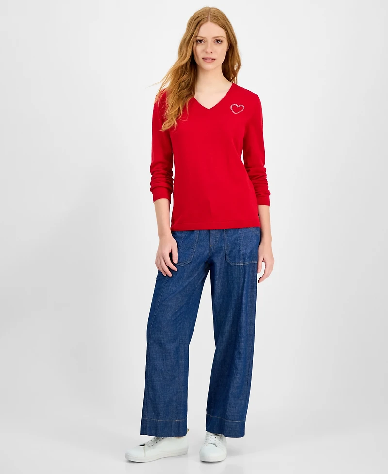Nautica Jeans Women's Cotton Embellished-Heart Sweater