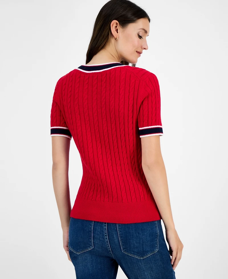 Tommy Hilfiger Women's Cotton Short-Sleeve Cable Knit Sweater