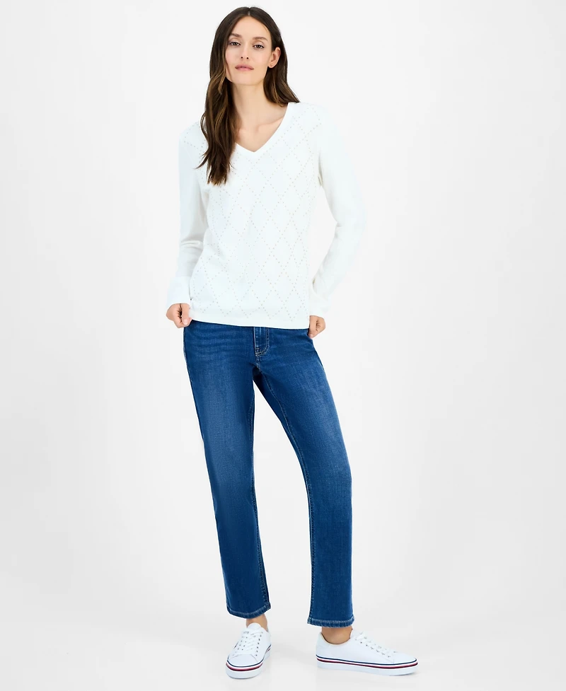 Tommy Hilfiger Women's Studded Argyle Cotton V-Neck Sweater