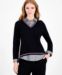Tommy Hilfiger Women's Cotton Twofer V-Neck Long-Sleeve Sweater