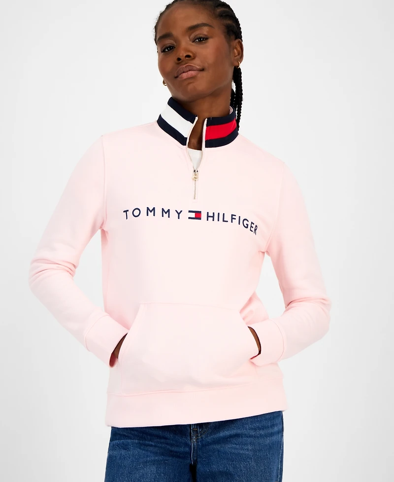 Tommy Hilfiger Women's Quarter Zip Embroidered Logo Sweatshirt