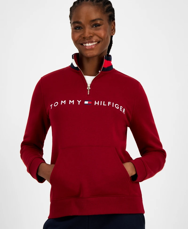 Tommy Hilfiger Women's Quarter Zip Embroidered Logo Sweatshirt