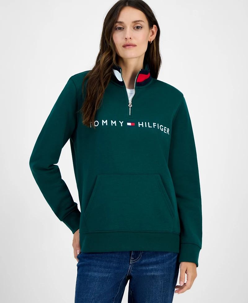 Tommy Hilfiger Women's Quarter Zip Embroidered Logo Sweatshirt