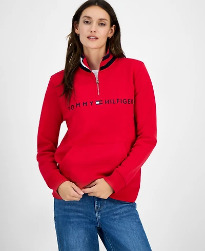 Tommy Hilfiger Women's Quarter Zip Embroidered Logo Sweatshirt