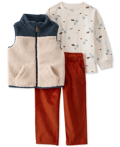 Carter's Toddler Boys Faux-Sherpa Vest, Printed T-Shirt & Corduroy Pants, 3 Piece Set